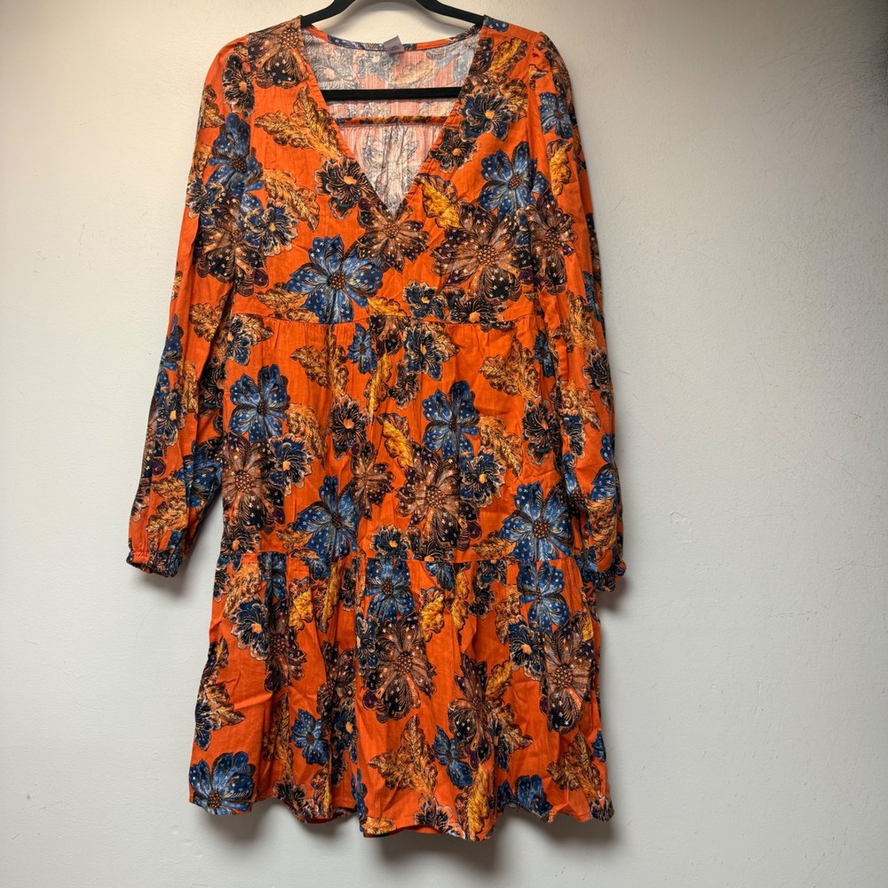 Old Navy Tiered Swing Dress Womens S Tall Orange Blue Floral Excellent V-Neck